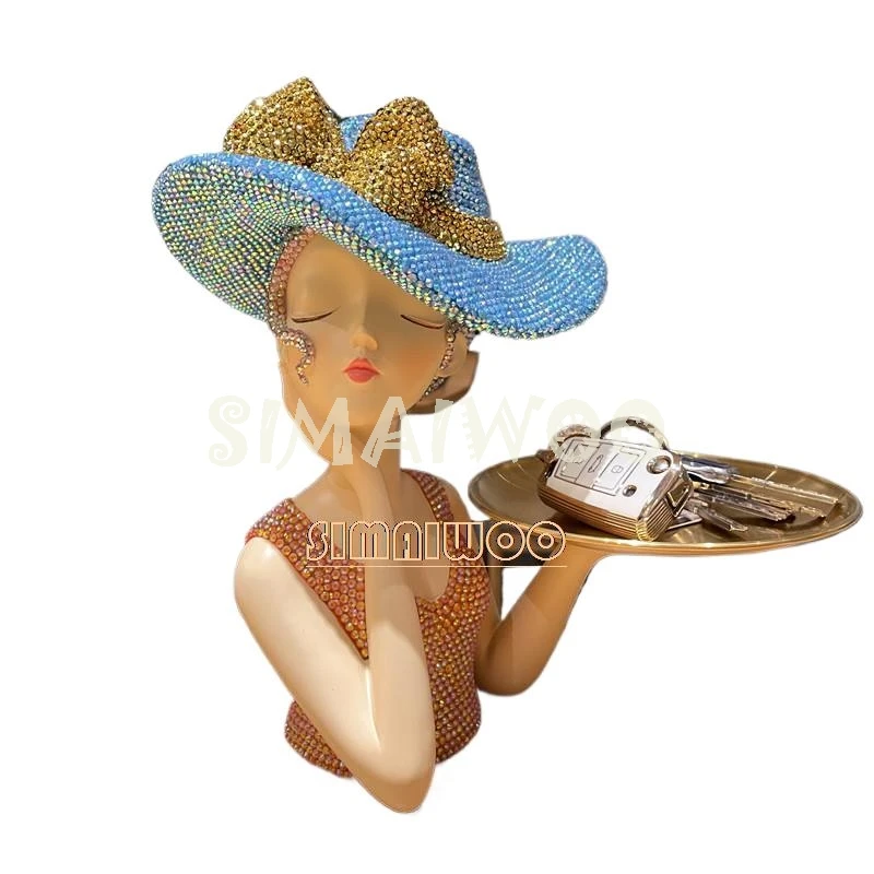 

Exquisite Crystal Beauty Statue Handmade Rhinestone Snack Tray Cross Stitch Key Storage Bling-bling Luxury Living Room Ornament