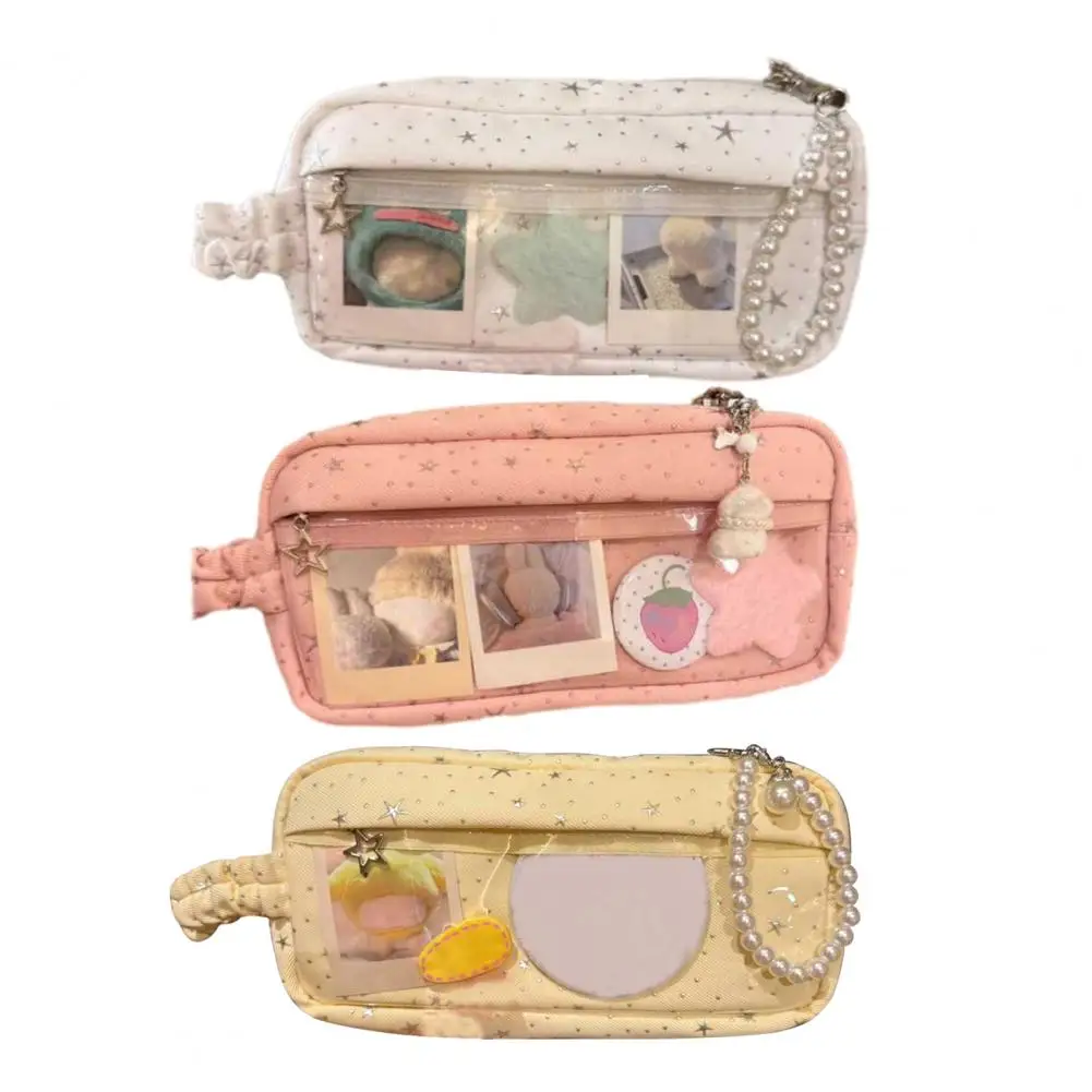 

Quilted Cotton Pencil Case Large Capacity Easy Carry Pencil Pouch with DIY Storage Transparent Kids School Supplies