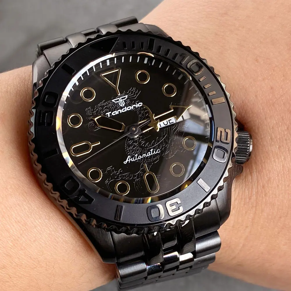 41mm mod bolha safira cristal mergulho automático pvd relógio alívio dial masculino 3.8 coroa relógio de pulso 120 clique moldura borracha banda preto s