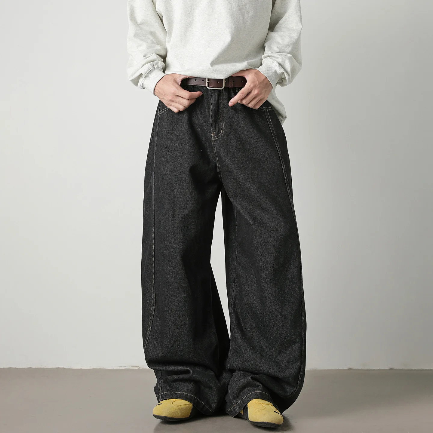 

Open Stitch Design Scimitar Jeans Men's Autumn New Style Loose Fit Long Pants Trendy American Style Pants Button Pocket DDDL
