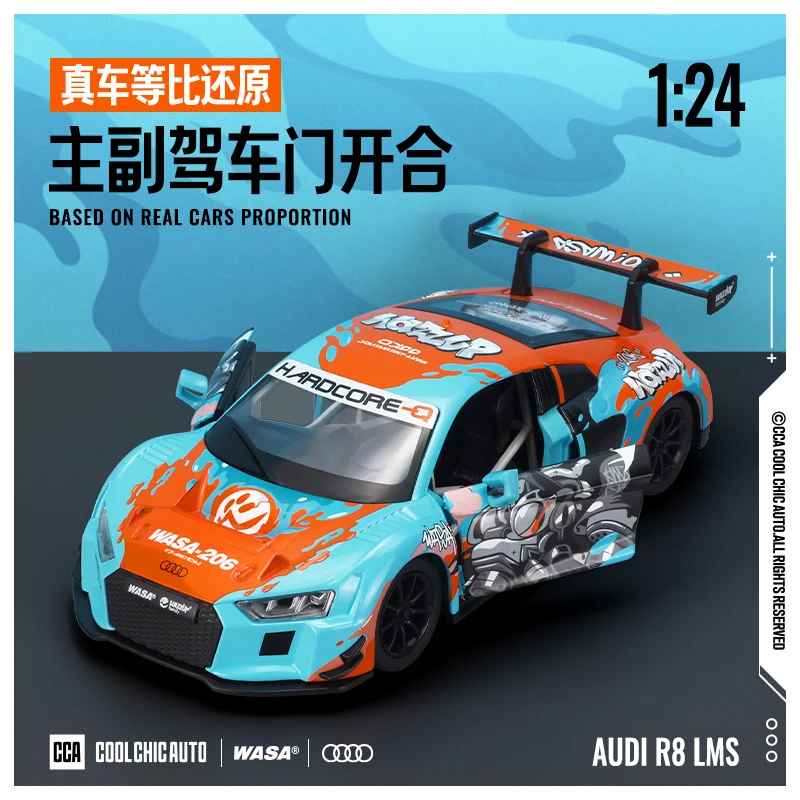 1:24 R8 LMS WASA Joint Style Суперкар из сплава металла, литая под давлением модель автомобиля, коллекция звуков и света BMW M4 GT3 WASA, украшение автомобиля