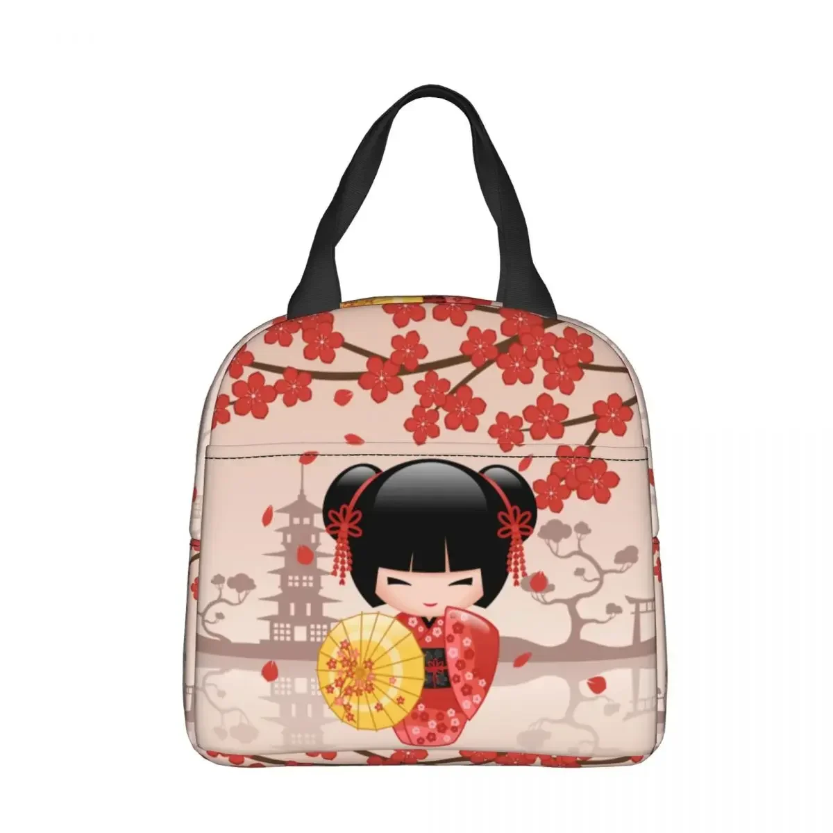 Red Sakura Kokeshi Doll Insulated Lunch Bag Cooler Bag Lunch Container Japanese Geisha Girl Leakproof Tote Lunch Box Men Women