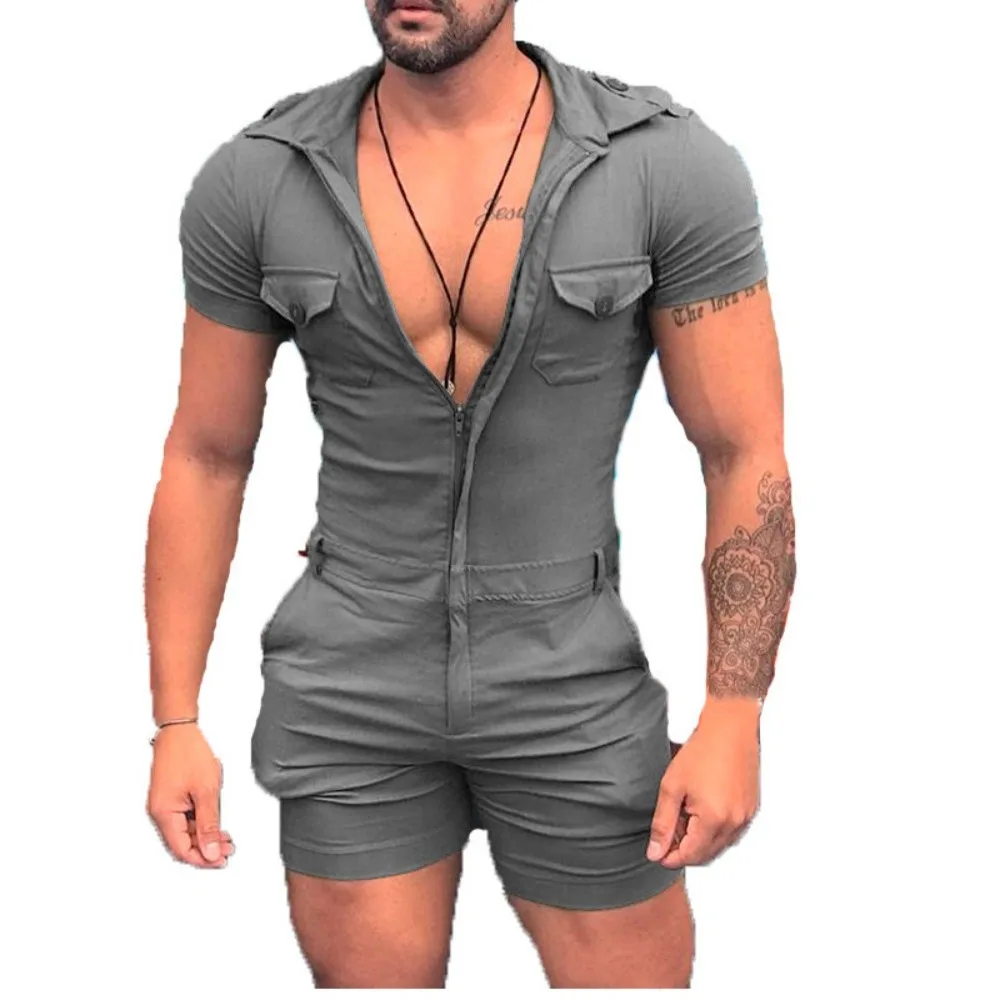 Men\'s Solid Color Hooded Bodysuit Zip Shorts One Piece Set