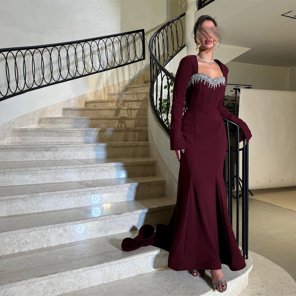 Customized Elegant Burgundy Jersey Evening Dress Exquisite Crystal Square Collar Mermaid Long Sleeves Sweep Train Robe de soirée