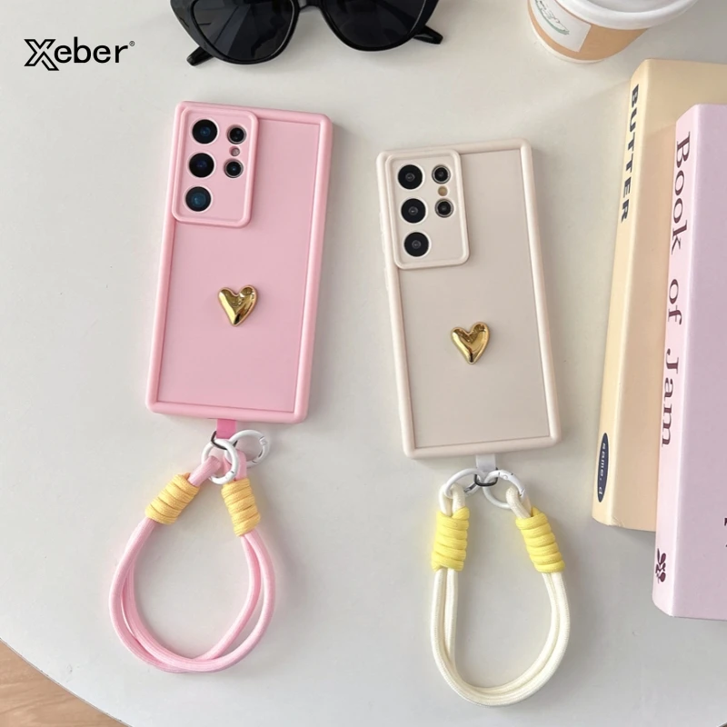 3D Gold Herz Liebe Handgelenk Strap Fall Für Samsung Galaxy S25 Ultra S23 S22 Plus S24 S21 FE Hinweis 20 A56 A55 a36 A35 A26 A16 A15 5G