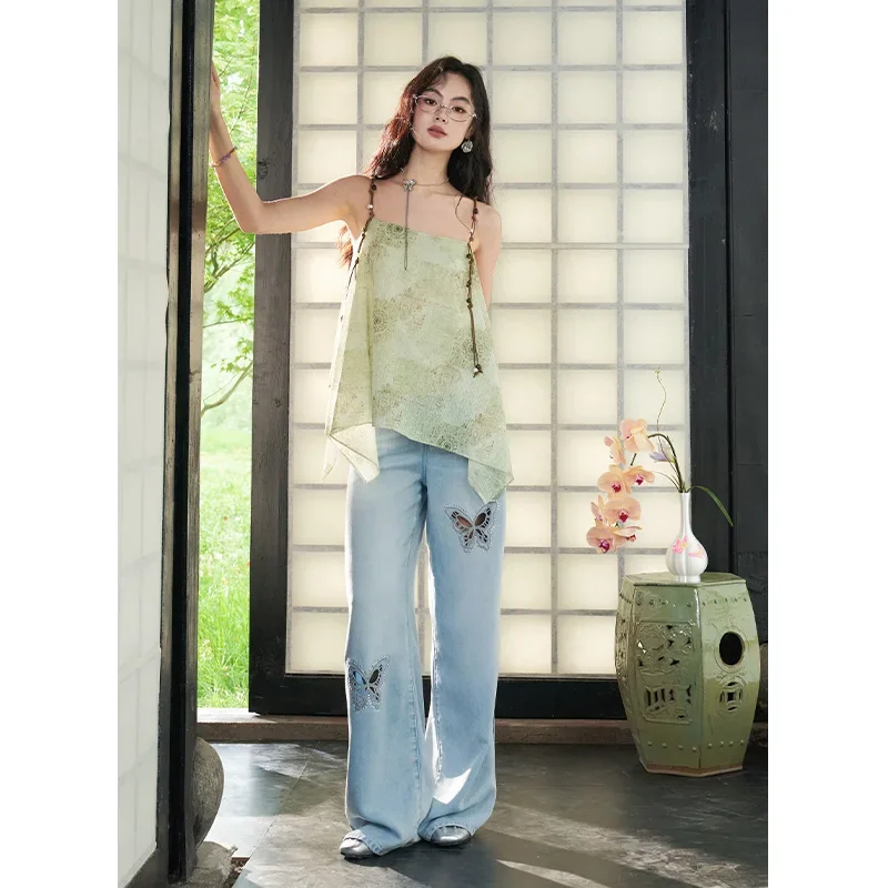 ELFSACK  Chinese Style Beaded Halter Camisole, Oriental Aesthetic Top, Asymmetrical Hem Woven Print Top