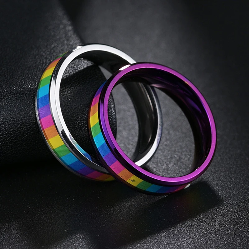 2026 New Fashion 316L Stainless Steel Enamel Rainbow LGBT Pride Ring Lesbian Gay Wedding Engagement Ring for Men Gifts