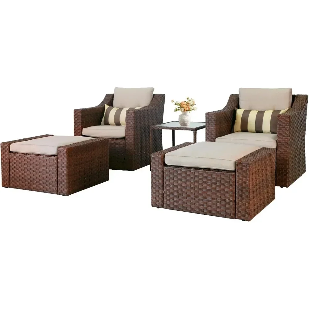 Piece Patio Furniture Set Conversation Set Outdoor , Brown Wicker Lounge Chair with Ottoman Footrest, W/Coffee Table & Cushions