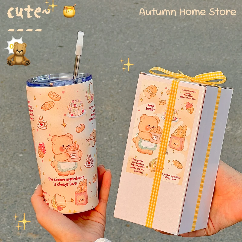 

Cute Spring Butter Bear Large Capacity 304 Stainless Steel Direct Drinking Mouth Straw Insulation Cup Cartoon