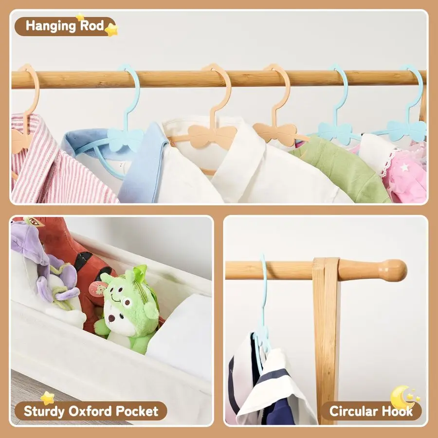 Bamboo Kids Clothing Rack with Storage Box Foldable,Kids Dress Up Rack with Hooks Rod, Organize Dress Up Storage School Uniform