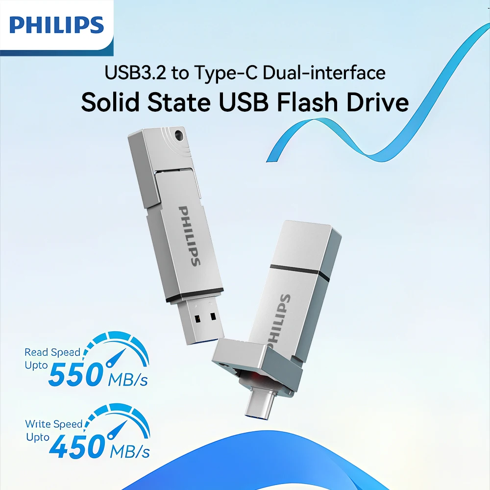 PHILIPS External USB C SSD Flash Drive 512GB, Up to 550MB/s 2-in-1 Type C+ USB A USB3.2 Gen2 Solid State Thumb Drive