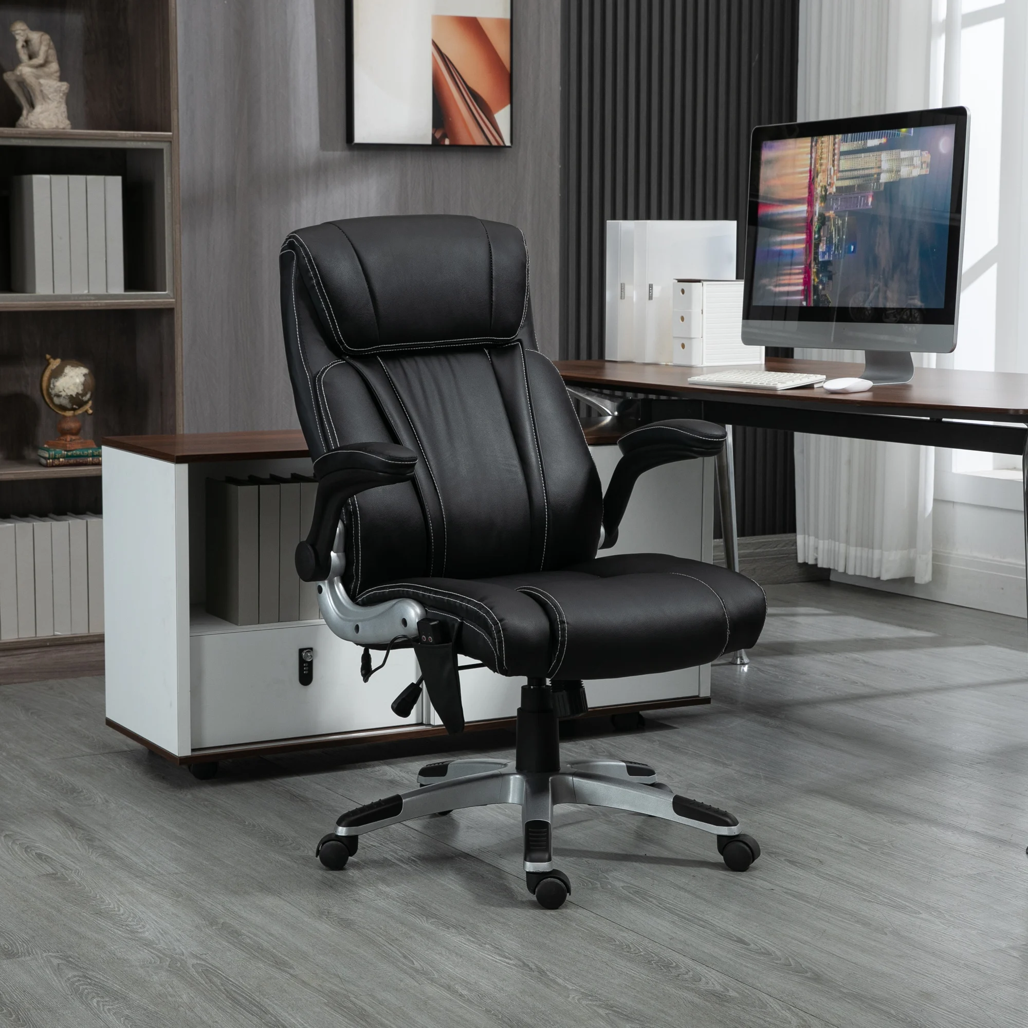 Vinsetto Executive Massage Officehair, Heated Faux Leather Computer Desk Chair with Flip-Up Armrest, Adjustable Height, Black