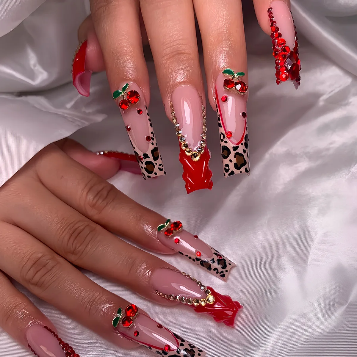 

24pcs sweet cool French leopard red cherry stereo false nails rectangular pre-finished