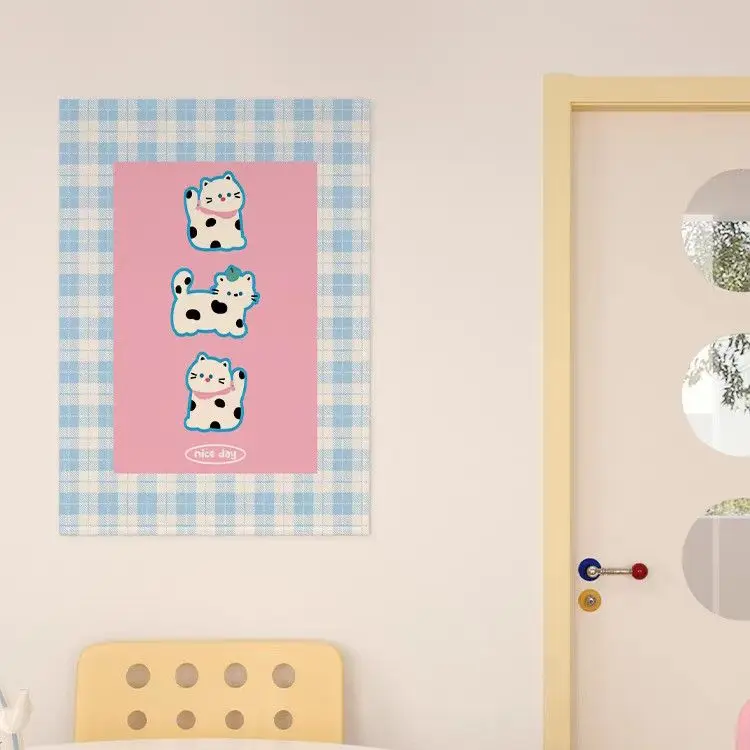 Cute Spotted Cartoon Cat Wall Tapestry Blue Plaid Grid Wall Hanging Simple Kawaii Print Kids Bedroom Home Wall Decor