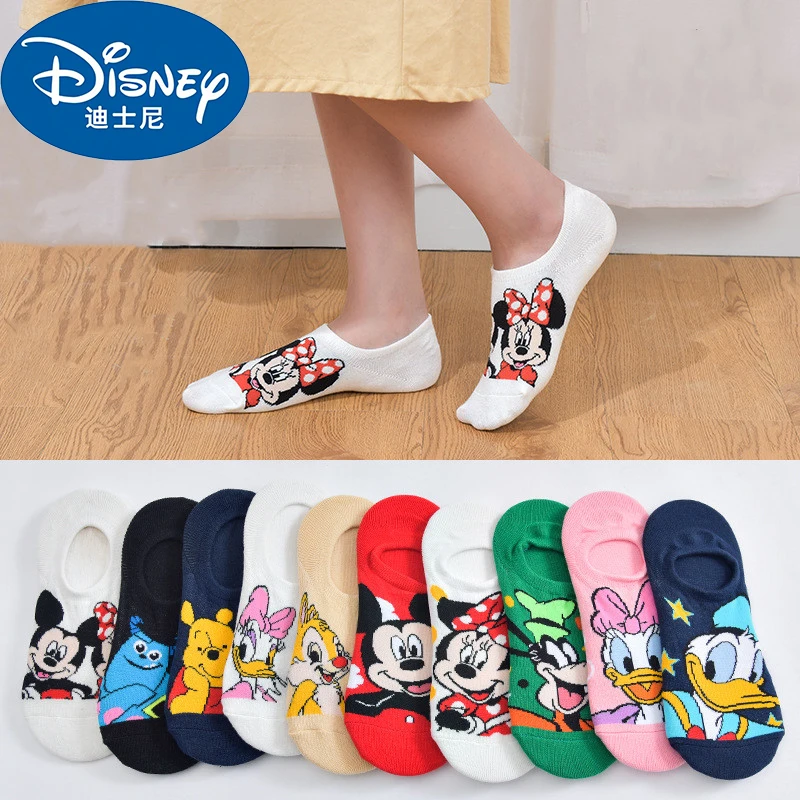 

5 Pair Disney Mickey Mouse Woman Girls Socks Anime Donald Sweat summer cotton girl women's boat socks ankle low female Sock