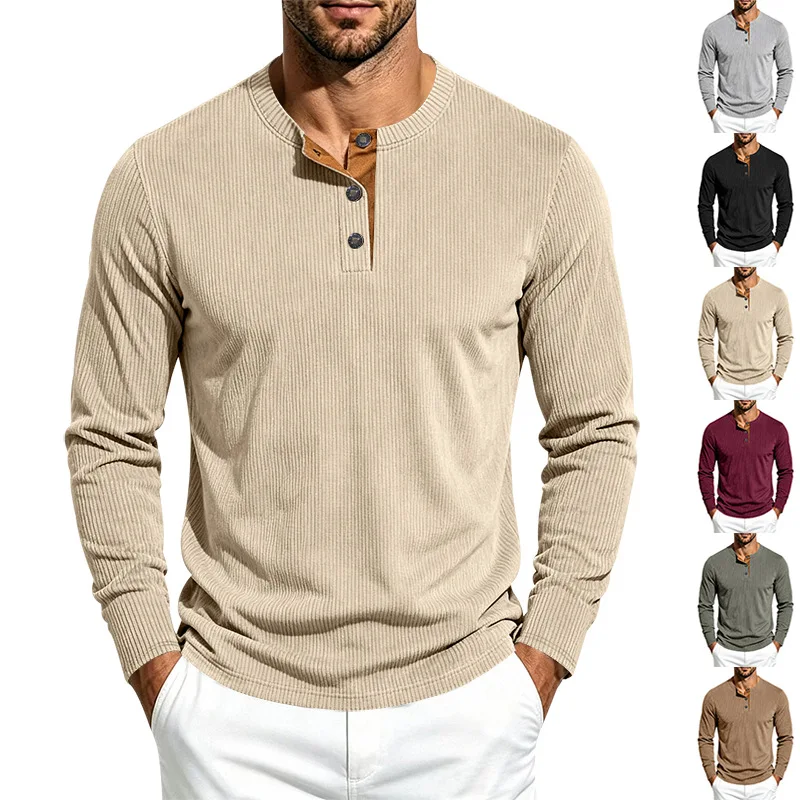 Men Ribbed Henley Long Sleeve Shirt Contrast Placket Button Casual Tops
