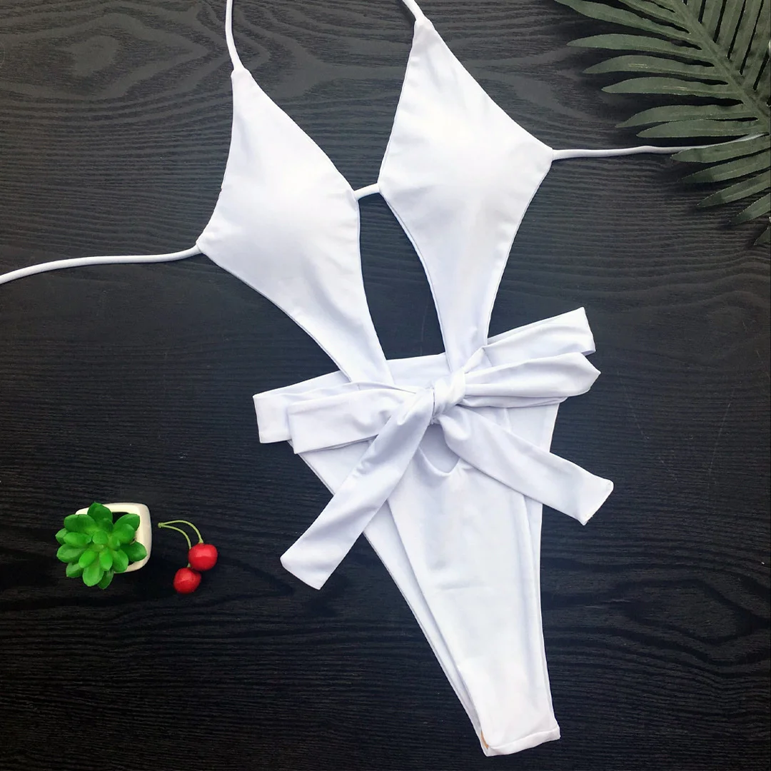 Geknoteter, rückenfreier, ausgeschnittener Neckholder-Badeanzug, einteiliger Badeanzug für Damen, Monokini, hoch geschnittener Badeanzug, Badebekleidung, Damenbadeanzug V3817 – Detail 2