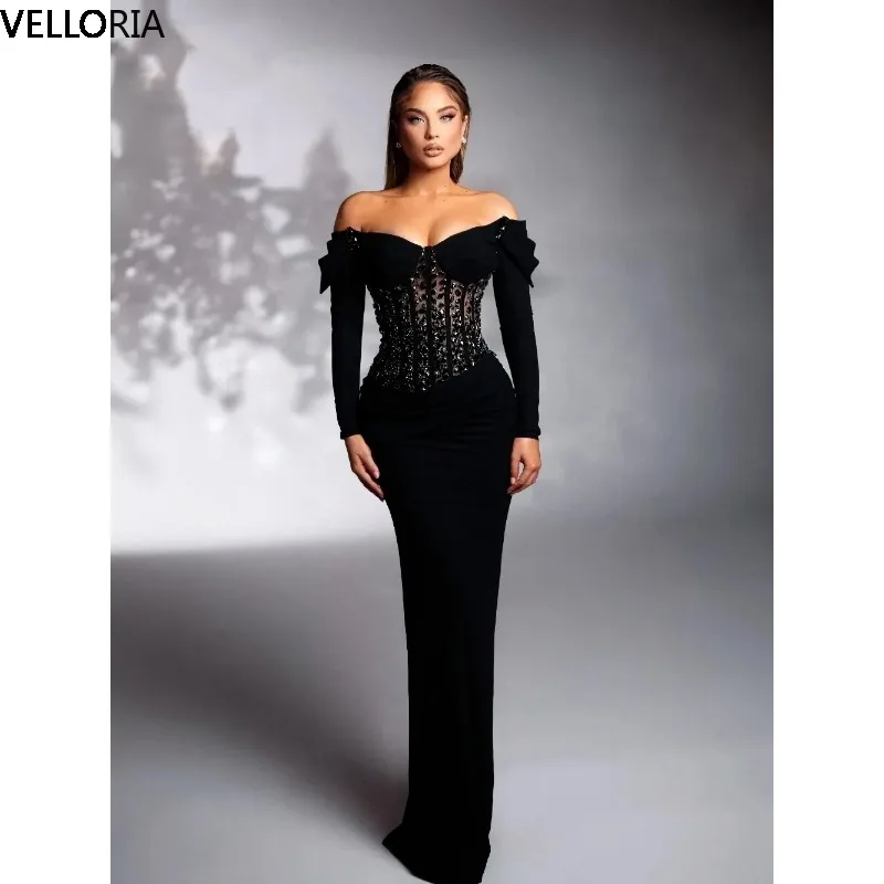 Vestido De noche elegante De sirena negro con diamantes De imitación y hombros descubiertos, vestido De fiesta De manga larga con tren, vestidos De Fiesta personalizados