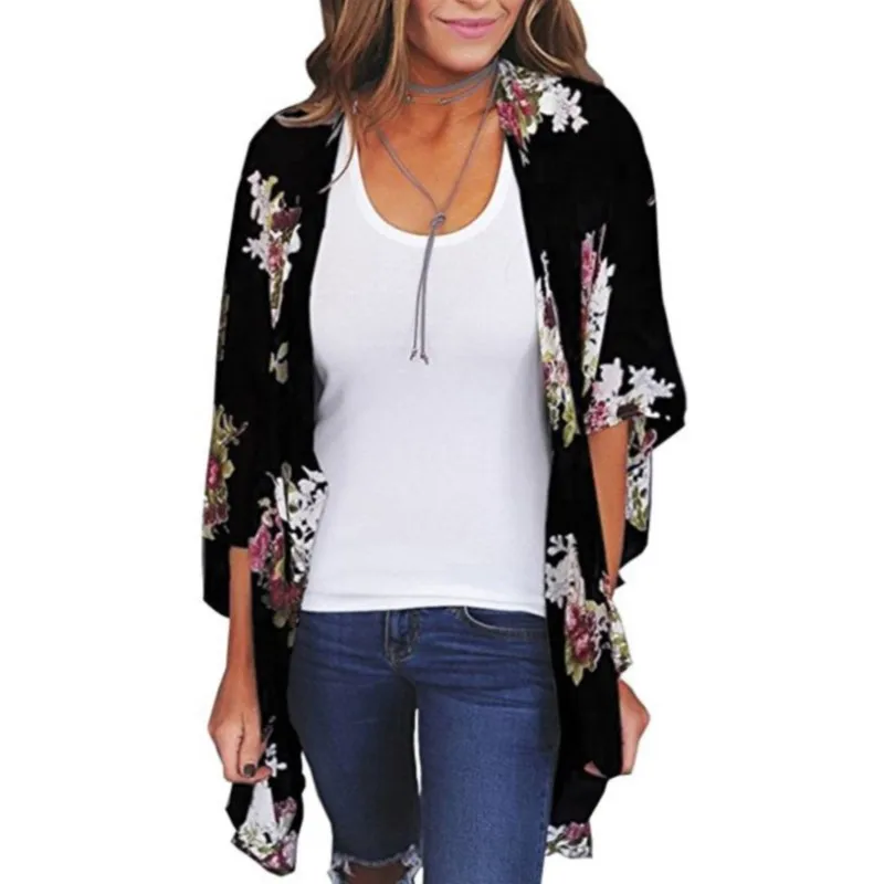 Women's Floral Printed Chiffon Cardigan Tops Short Sleeve Loose Beach Wear Cover Up Blouse Top Female Summer Sunscreen Clothing