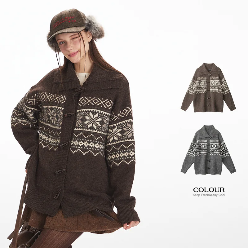 Women's Fair Isle Horn Button Cardigan Autumn Winter Loose Lazy Knit Outerwear Vintage Fashion Trendy Chic New Cardigan