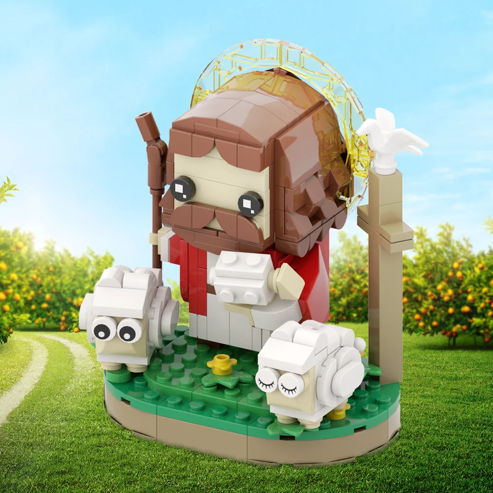 MOC Herder Jezus Kruis Creatief Ontwerp Bouwstenen DIY Bricks Sets Christelijke Priester Animal Crossing Cadeau voor kinderen