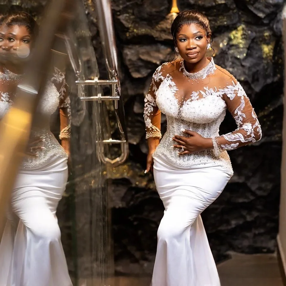 Customized African Wedding Dress Bridal Gowns For Bride High Long Sleeves Appliqued Lace Beaded Pearls Illusion Wedding Gown