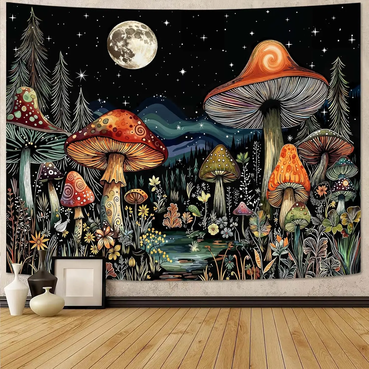 Vintage Mushroom Forest Tapestry Moon Night Floral Tapestries Wall Hanging Nature Plant Small Tapestry for Bedroom Living Room view 2