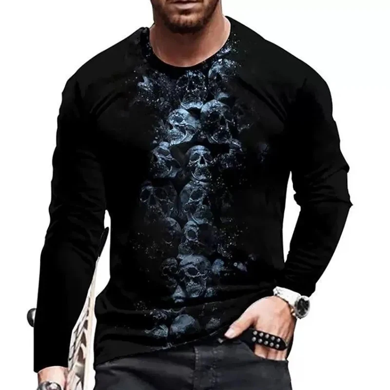 New Tide Skull Pattern European Size long Sleeved T-shirt For Men's Casual Autumn  Top Round Neck Tee