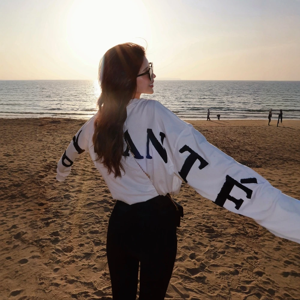 

Torowee Loose Cool Letter Print Top Women's Casual Sle Polyester Fiber Long Sve irt Regular Length Spring Season