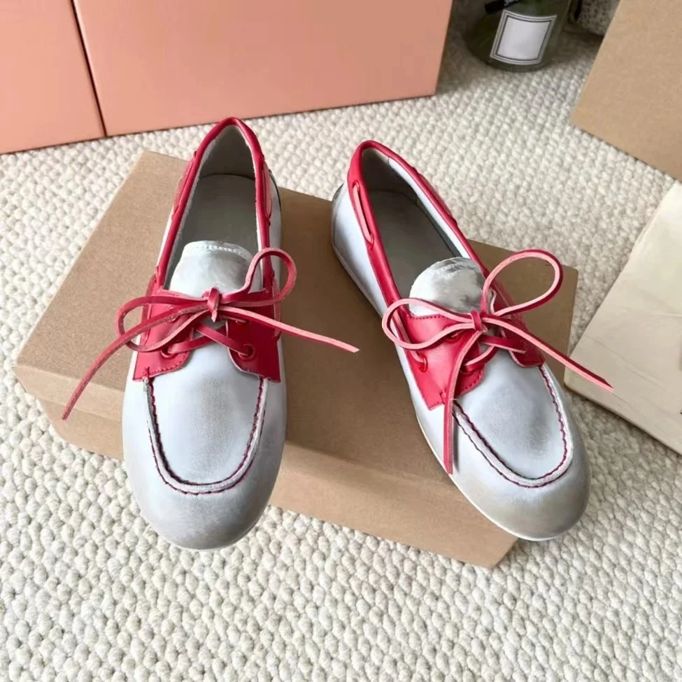 2025 FANGXITING توب الربيع الجلد المدبوغ حذاء بدون كعب مسطح امرأة الدانتيل يصل الجلود الشقق ماركة غير رسمية خارج الباب القيادة عطلة المشي #4