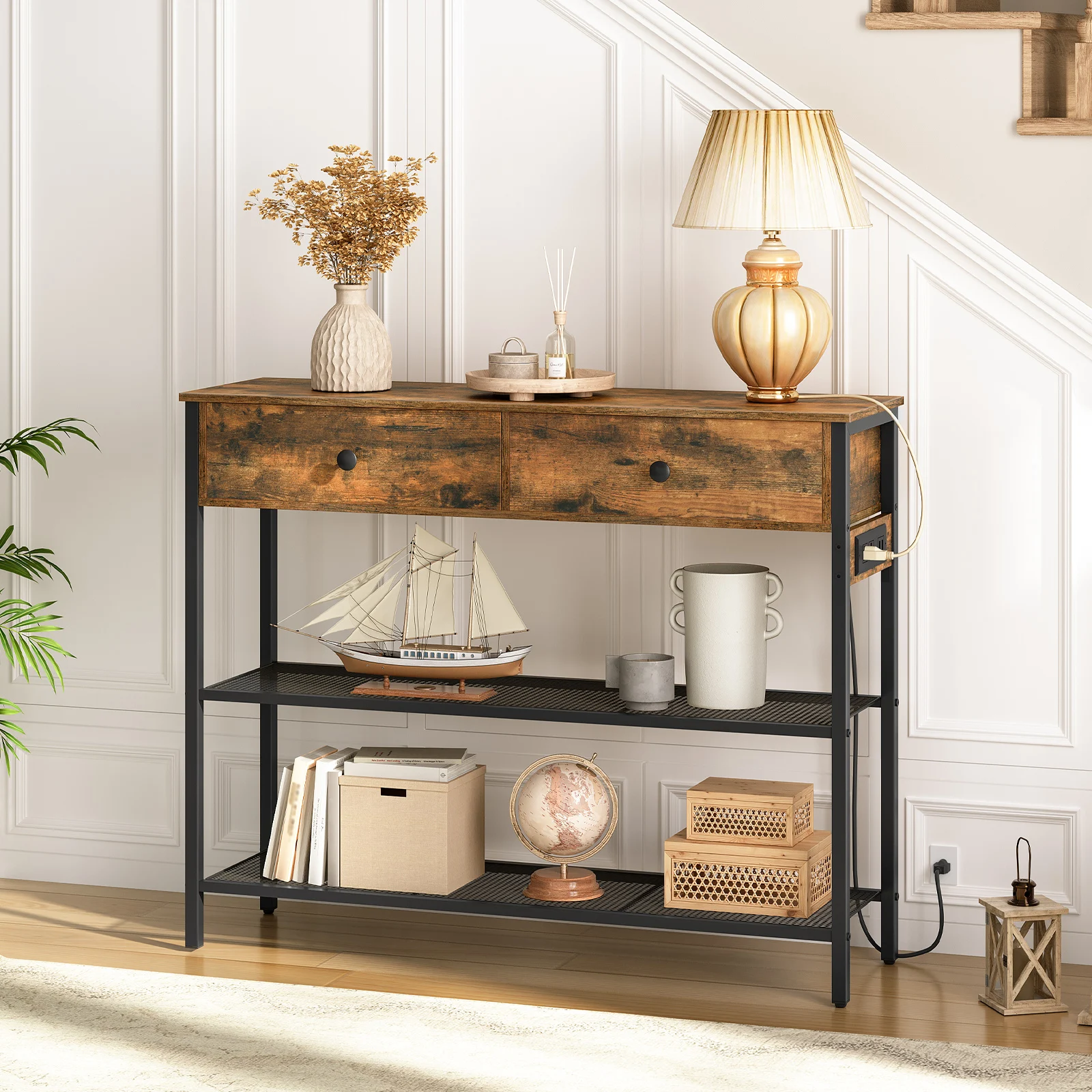 Console Table, Narrow Entryway Table with Charging Station Entrance Table with 2 Drawers Industrial Sofa Table Metal Frame