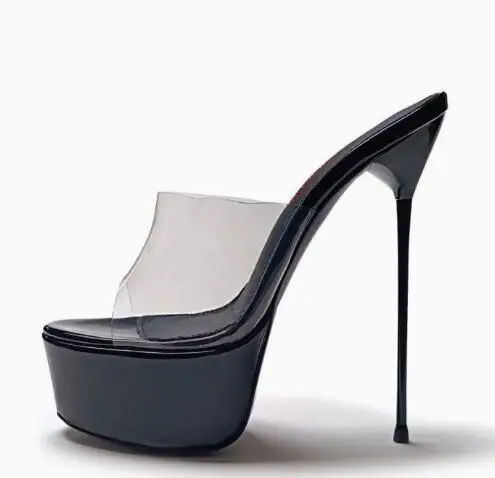 Gold Black Transparent PVC Metallic Extreme Thin Heels Mules Woman Summer Platform Peep Toe Stiletto Heels Slippers Shoes Lady