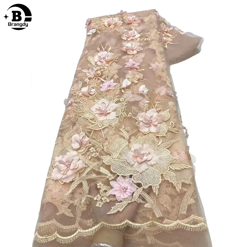 Tissu de dentelle de tulle perlé 3D de luxe, fleur brodée, tissu NigWin pour la couture, 5 mètres, Dubaï, X380085, 2024