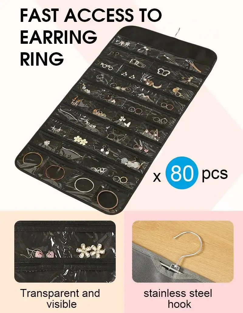 Large Earrings Organizer 80 Pockets Display Holder Hanging Necklace Ring Bracelet Wall Jewelry Storage Bag Collections Showcase