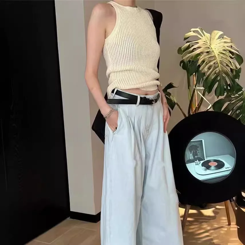 

7610, летний 14-игольный ледяной шелк с круглым вырезом, крутой дышащий вязаный жилет на плечо с боковой грудью для