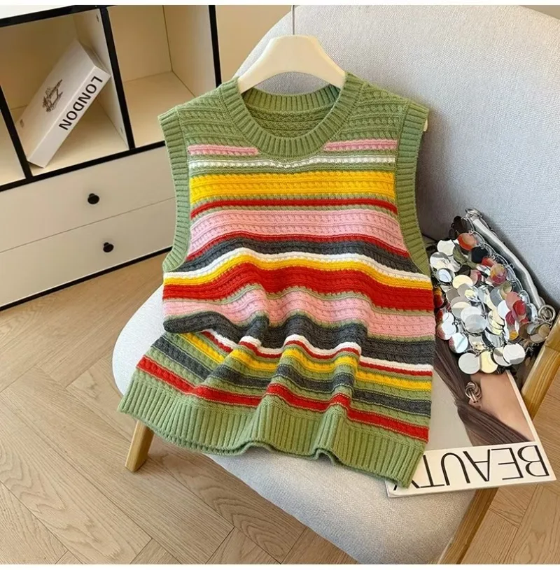 

2026 Women's Spring Rainbow Stripe Knitted Tank Summer Camisole Casual Sleeveless Short Top Cropped Sweaters Vest Striped Tops