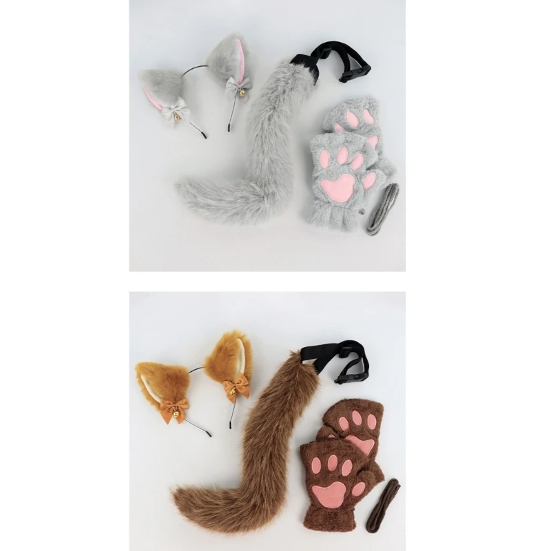 3Pcs Animal Cats Dress up Costume Halloween Cats Costume Includes Plush Ears Headband, Tail, Gloves for Girl Cosplay