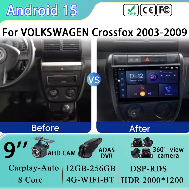 

GPS Navigation For VOLKSWAGEN Crossfox 2003-2009 Multimedia Video Player Stereo Android 15 Car Radio 4G Wifi Head Unit No 2din