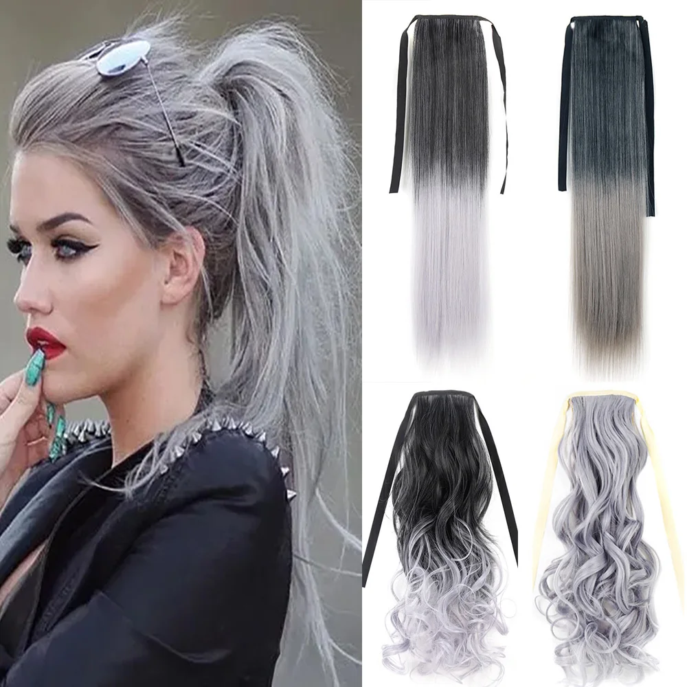 Jeedou Synthetic Gray Color Wavy Hair Ponytails Ribbon Drawstring Ponytail Hair Extensions Hairpiece For Women