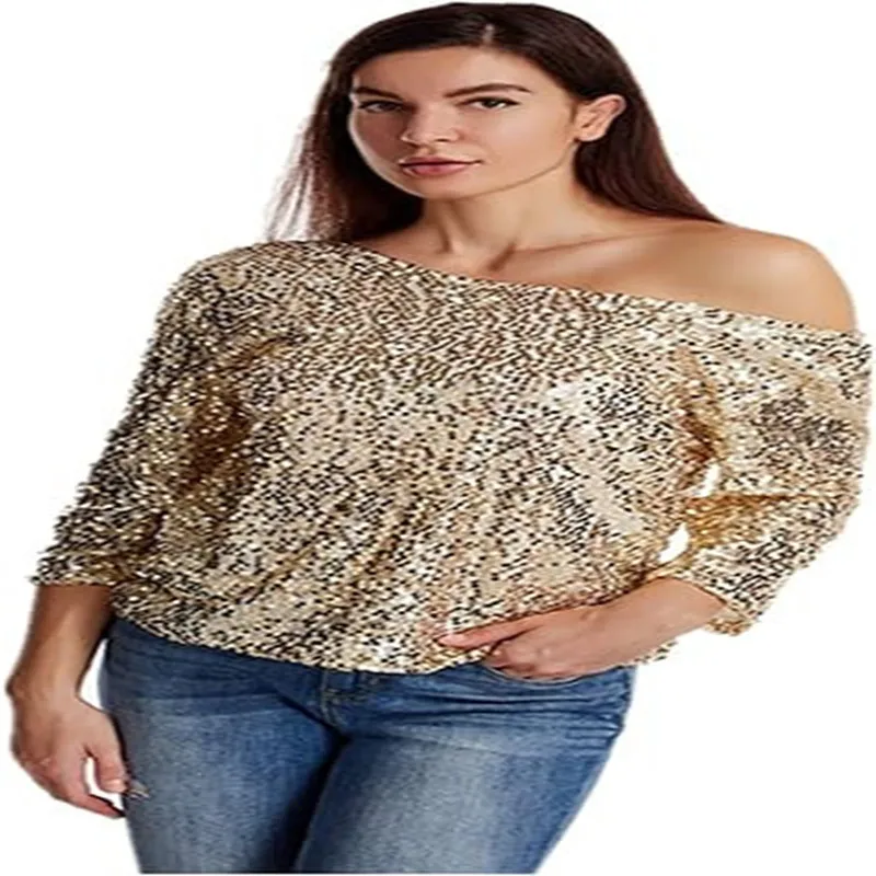 2025 European and American new style loose sequin sloping shoulder short sleeved casual sequin deep V-shirt