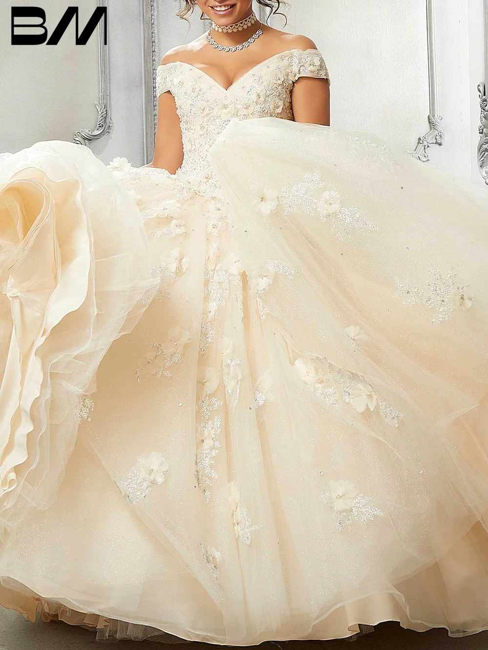 Quinceanera-Kleid mit 3D-Blumenapplikationen, 2023, schulterfrei, Tüll, Ballkleid, Cocktailkleider, Partykleid, Abendkleid, Vestidos De