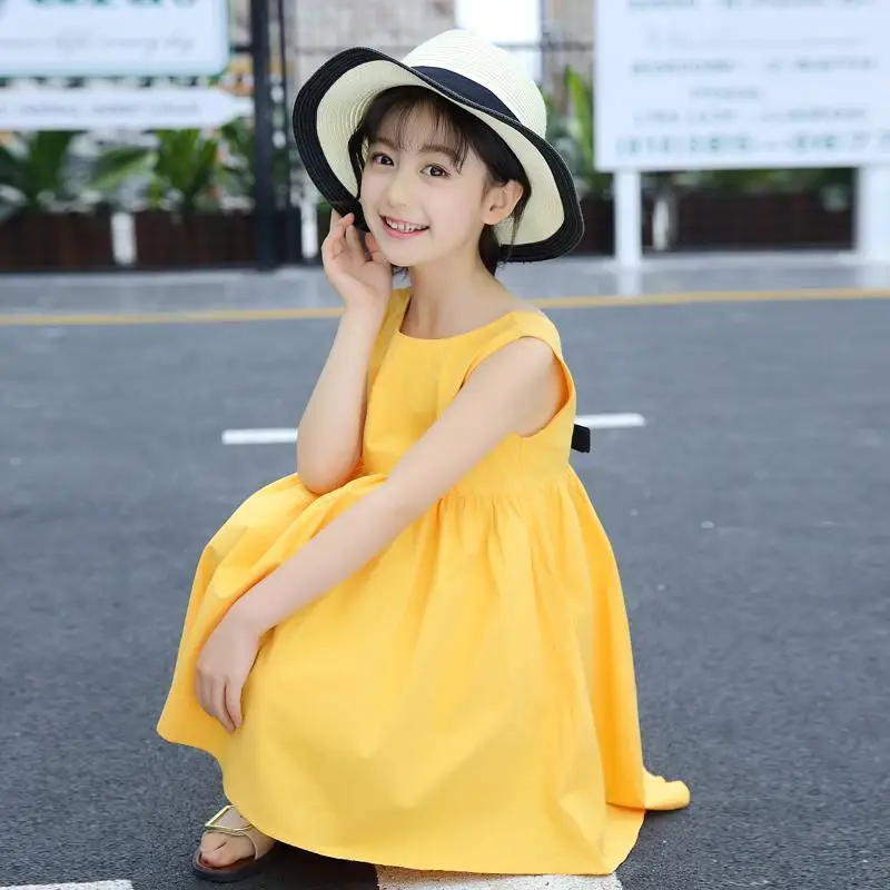 2023 Summer New Arrival Girls Sleeveless O Neck Bow Yellow Designer Roupa Infantil Menina Cute Party Dress Custume 8-10T