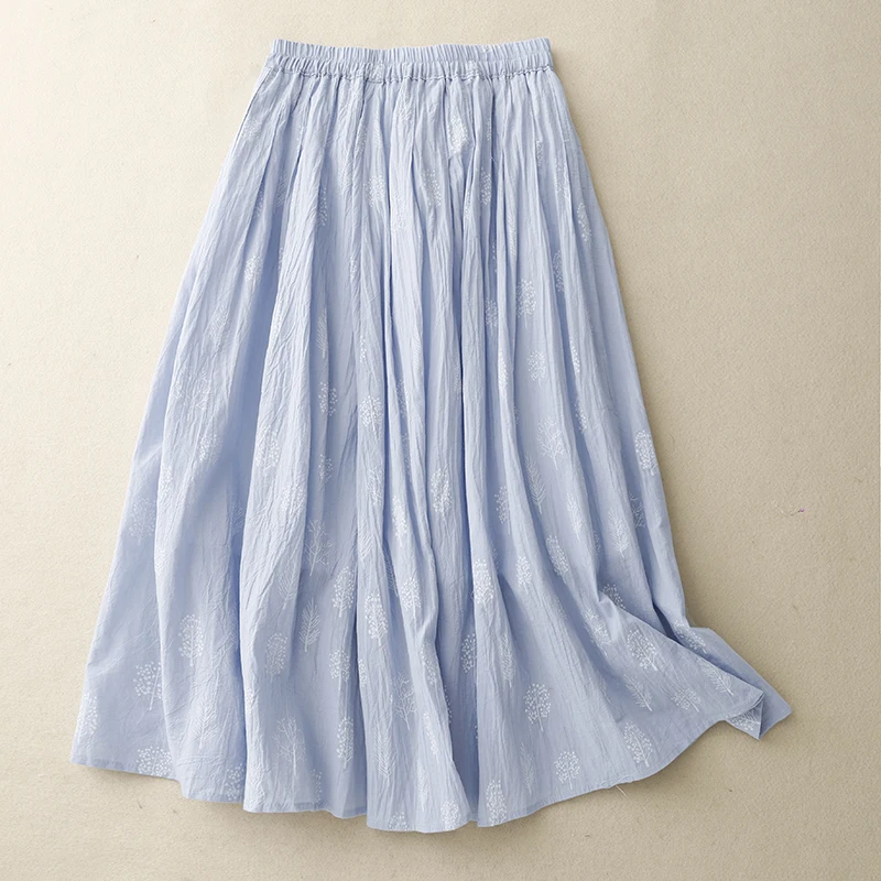 レトロフォレストシステム刺繍入り二重層麻スカート女性用夏薄手伸縮性ウエストドリフトAラインロングスカート