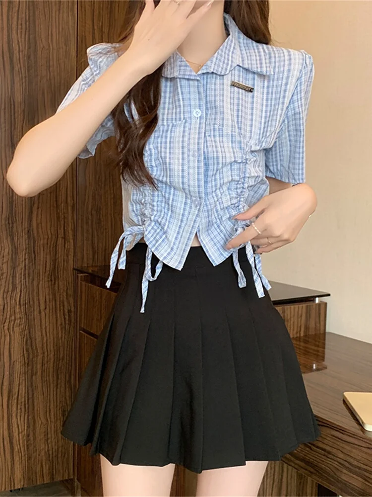 

Blue Striped Shirt And Pleated Skirt Set Women's Short Unique Drawstring Design Fashionable Summer Outfit Two-Piece Set