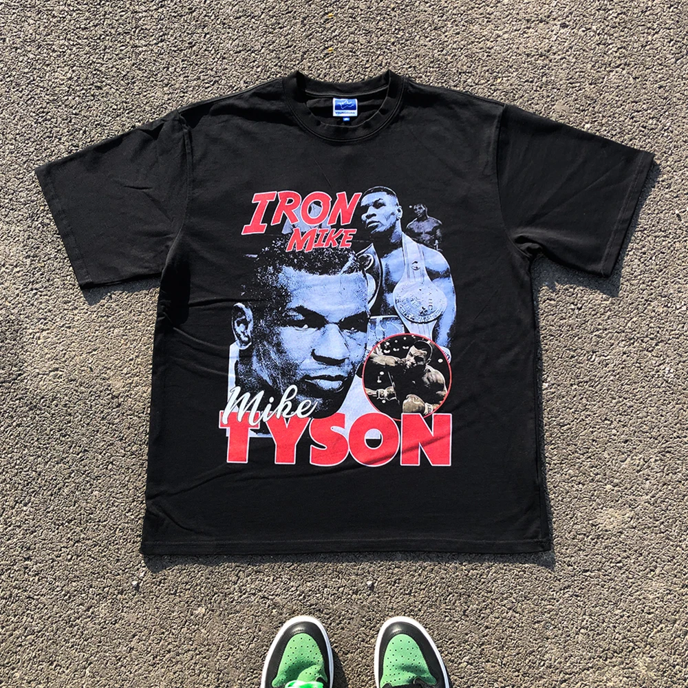 Heavyweight 260G Mike Tyson Poster Short Sleeve T-Shirt Trendy Loose Fit Youthful Summer round Neck Casual Wear