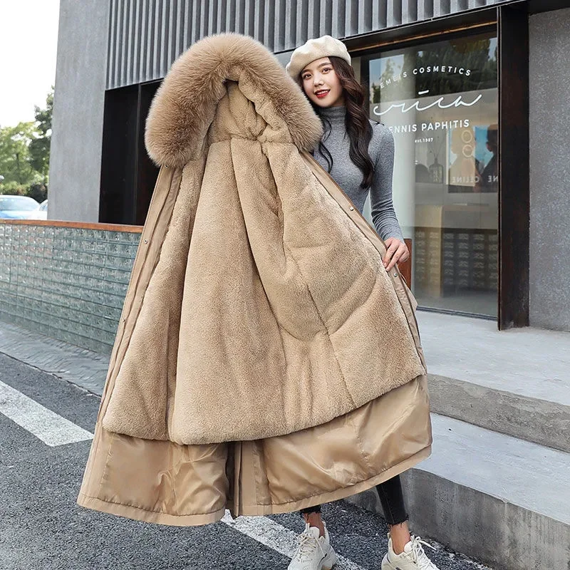 Casaco longo com capuz feminino com gola de pele, forro de lã sólida, Parkas femininas, casaco grosso, casaco puffer, outwear de inverno, novo, 2023