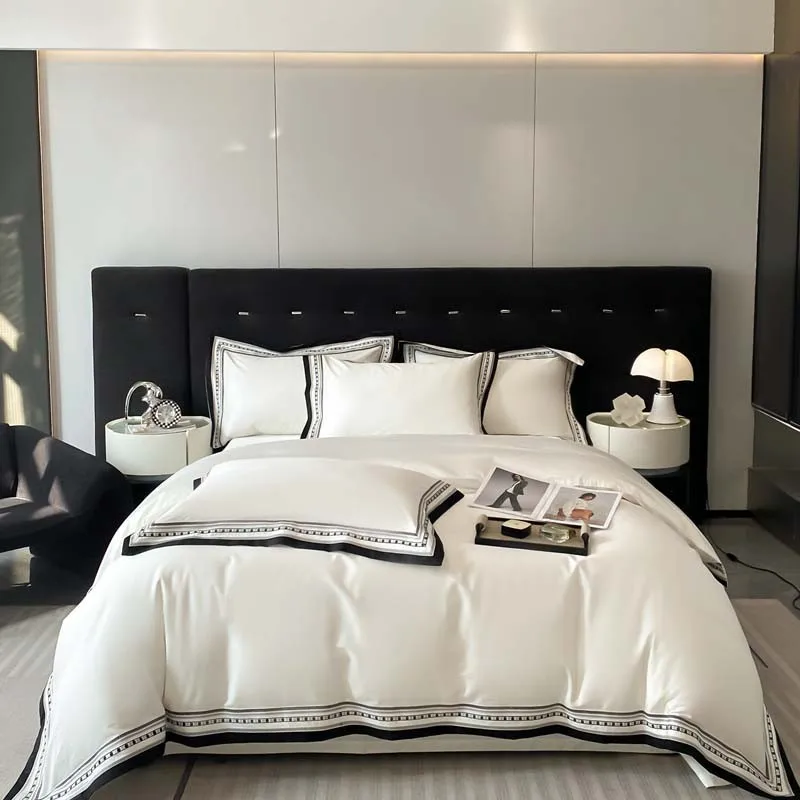 

1000TC Long Staple Cotton White Bedding Sets Premium Embroidery Duvet Cover 1 flat Sheet 2Pillowcase Double King Queen 4Pcs
