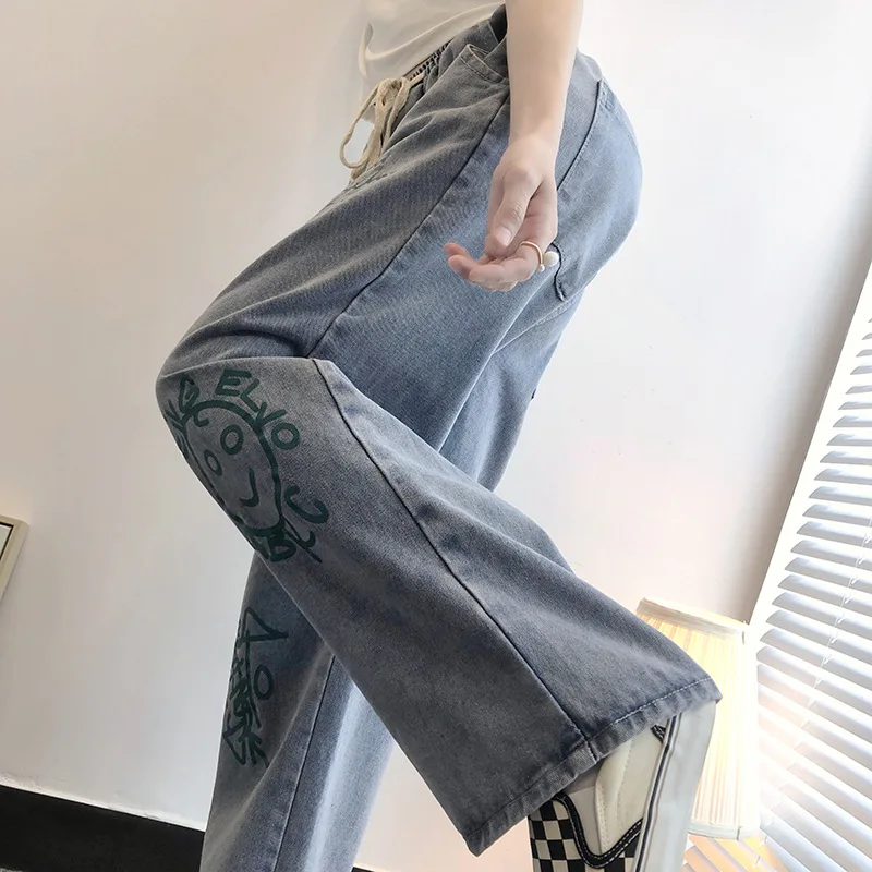 Autumn Large Casual Women Couple Wide Leg Jeans 7XL150KG 6XL 5XL 4XL Fashion Pocket Loose Graffiti Elastic Waist Straight Jeans