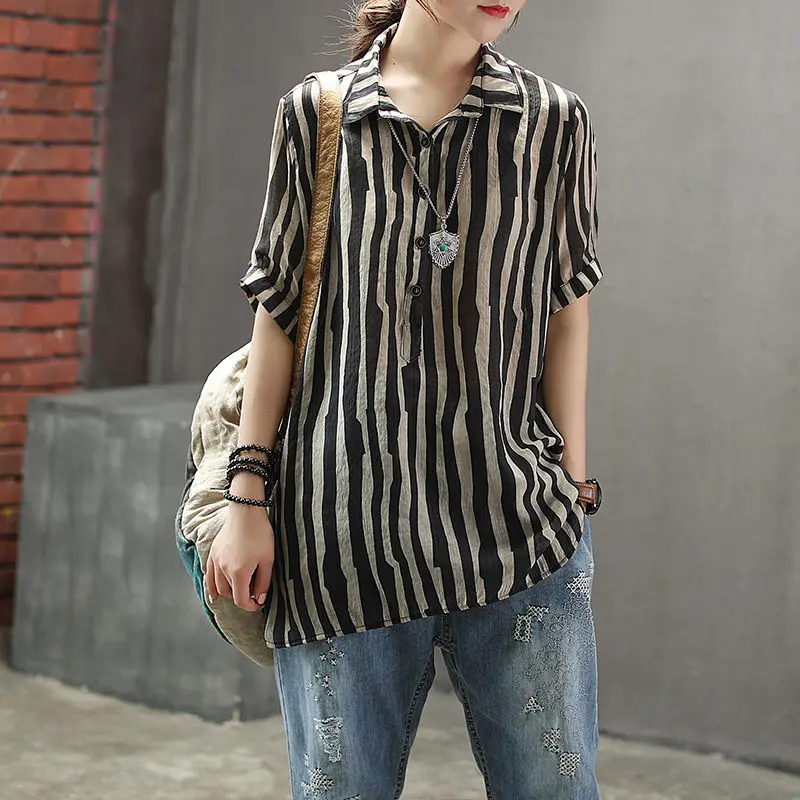 Women's Fashion Striped Printed Casual Shirt 2023 Summer Vintage Loose All-match Short Sleeve Polo-Neck Blouse Female Clothing
