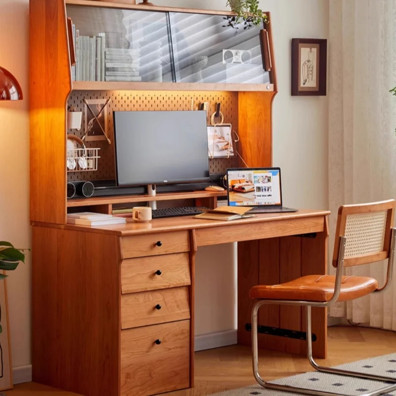 Solid wood desk cherry wood study home student study perforated board storage computer desk